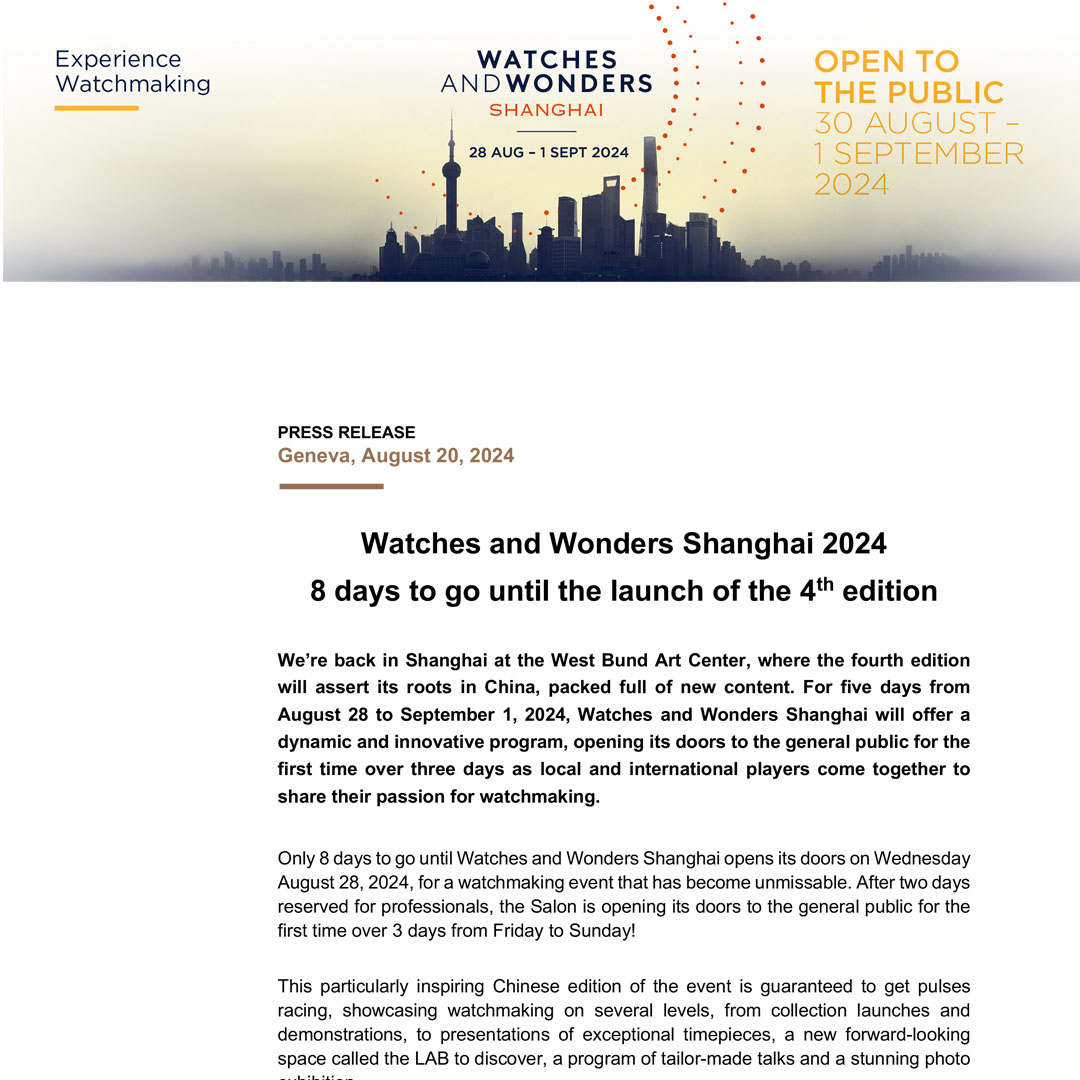 20.08.2024 - Watches and Wonders Shanghai 2024: 8 days to go until the launch of the 4th edition